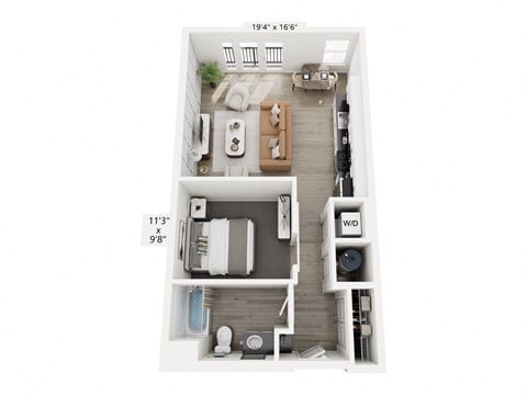 Floor plan for studio, 1 bath, 668 sqft